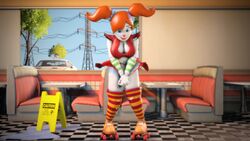 3d 3d_(artwork) animatronic baby_(fnafsl) big_breasts blue_eyes bow circus_baby circus_baby_(fnaf) dinner five_nights_at_freddy's jailbait_knight red_hair roller_skates sfm solo source_filmmaker twintails