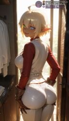 1girls ahoge ai_generated ass ass_grab ass_support blonde_hair blue_eyes blurry blurry_background breasts brown_gloves cowboy_shot dark-skinned_female dark_elf dark_skin day elf from_behind gloves grabbing_own_ass green_eyes hair_between_eyes hands_on_own_assaura_bella_fiora heterochromia indoors large_breasts long_sleeves looking_at_viewer looking_back medium_breasts meitabuu open_mouth overlord_(maruyama) pants pocket pointy_ears red_shirt shirt short_hair smile solo standing teeth tight_pants upper_teeth_only vest white_hair white_pants white_vest