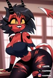ai_generated big_breasts breasts cleavage clothing demon female helluva_boss imp lautpomp millie_(helluva_boss) solo tagme torn_clothes torn_legwear