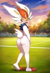 ai_generated cinderace embarrassed embarrassed_nude_male humiliation nintendo nude outdoors pokemon pokemon_(species) public_nudity