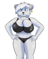 anthro bella_ferrari big_breasts blue_eyes hth_studios polar_bear sports_bra tagme white_fur white_hair