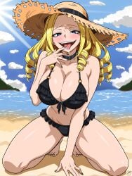 1girls 2025 absurd_res ass_visible_through_thighs beach bikini black_collar blonde_hair blue_eyes blush breasts cloud collar dated drill_hair empty_eyes grey_nails hat hi_res large_breasts licking licking_finger navel o-ring o-ring_top ocean open_mouth outdoors overlord_(maruyama) saliva signature smile solution_epsilon spider.blade swimsuit