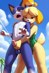 ai_generated animal_crossing clothed_female_nude_male cum cumshot handjob isabelle_(animal_crossing) nintendo nude orgasm orgasm_face outdoors reach_around rover_(animal_crossing) swimsuit swimwear