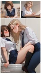2futas age_difference bathroom big_breasts brown_hair classroom futa_on_futa futa_only futadom long_hair looking_at_another short_hair student_and_teacher teacher_and_student toilet