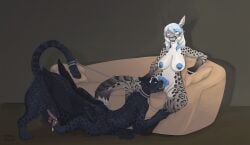 anal anal_sex anthro aspentangle black_body black_fur breasts brown_background collar cunnilingus dominant dominant_anthro dominant_herm dominant_intersex duo felid felid_taur fur furniture futanari genitals grey_body grey_fur herm herm/male intersex intersex/male knot knotted_penis leash leashed_collar male male_penetrated mammal mammal_taur markings nipple_piercing nipples nude_anthro nude_herm object_in_ass oral pantherine pantherine_taur penetration penis piercing pussy sex sex_toy sex_toy_in_ass sex_toy_insertion simple_background sitting snow_leopard sofa spots spotted_body spotted_fur spread_legs spreading submissive submissive_male taur taur_penetrated tongue tongue_out vaginal_penetration vulva white_body white_fur wings
