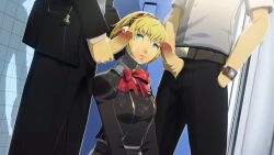 1girls 2boys 3d aigis_(persona) android blonde_female blonde_hair breasts cum cum_on_breasts female male masturbation mob_face penis penis_in_front_of_face persona_3 public public_use school_uniform