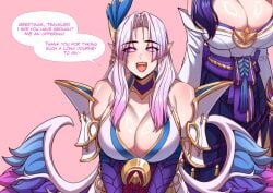 2girls cleavage dialogue female female_only huge_breasts kayle large_breasts league_of_legends morgana revealing_clothes ryuukusnpaiarts text voluptuous