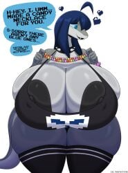 1girls ahoge anthro areolae big_breasts blue_eyes blue_hair breasts breasts_bigger_than_head breasts_bigger_than_torso busty cleavage clothing crop_top dialogue female female_only furry furry_only gift huge_breasts large_breasts legwear looking_away massive_breasts necklace nipples_peek no_bra original panties png shy snake snake_girl solo spiked_collar sylvia_snyder tail talking_to_viewer text thick_thighs thighhighs ultrastax white_background wide_hips