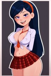 1girls black_hair blue_hair cats62 cleavage large_breasts looking_at_viewer medium_breasts midriff miniskirt navel purple_eyes purple_hair school_uniform schoolgirl skirt solo the_incredibles the_incredibles_2 violet_parr