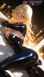 1girls ahoge ai_generated ass black_bodysuit blonde_hair bodysuit breasts building choker city city_lights cityscape cleavage collar crotch_zippermavuika_(genshin_impact) earrings genshin_impact grin jewelry large_breasts latex latex_bodysuit long_hair looking_at_viewer lying mavuika_(genshin_impact) meitabuu night on_bed on_stomach parted_lips red_eyes shiny_clothes skin_tight skyscraper smile solo steaming_body sweat symbol-shaped_pupils window zipper zipper_pull_tab