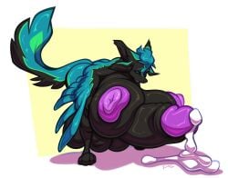 2021 3_toes 4_ears 4_toes absurd_res anthro areola avali avian balls big_balls big_breasts big_nipples big_penis black_balls black_body black_breasts black_ears black_feathers black_inner_ear black_penis black_sclera blue_body blue_ears blue_eyes blue_feathers blue_hair blue_wings bodily_fluids border breasts cannine_(artist) crouching cum cum_drip cum_on_ground dripping ejaculation feather_hair feathered_wings feathers feet genital_fluids genitals glans green_body green_feathers gynomorph hair herm_(lore) hi_res huge_balls huge_breasts huge_cock huge_nipples humanoid_genitalia humanoid_penis hyper hyper_breasts hyper_genitalia hyper_penis intersex multi_ear nipples nude nude_anthro nude_gynomorph open_mouth penis pseudo_hair puffy_areola puffy_nipples purple_areola purple_glans purple_insides purple_mouth purple_nipples purple_tongue ralena/ralaku simple_background solo toes tongue white_border winged_arms wings yellow_background