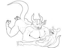 angeliclust anthro balefire big_breasts breasts duo female hi_res ignis_scorchen laugh male male/female monochrome morrad_scorchen muscular nude nude_anthro scalie tickling
