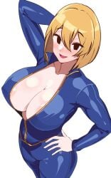 big_breasts blonde_hair breasts cleavage fallout female looking_at_viewer posing_for_the_viewer vault_girl vault_suit voluptuous_female volyz