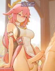 1boy 1futa 2025 ai_generated artist_name blurry blurry_background blush breasts breasts breasts bust chest cock dick dress erection foreskin futanari genshin_impact handjob hi_res high_quality high_resolution highres large_penis large_testicles long_hair novalust patreon patreon_username penis pink_hair precum purple_eyes sideboob stable_diffusion testicles uncensored watermark yae_miko