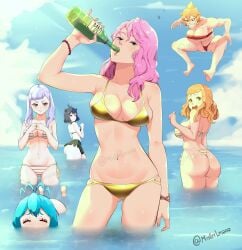 beach bikini black_clover character_request curvaceous curvaceous_female curvaceous_figure curvy curvy_figure curvy_hips cyan_hair female female_focus female_only long_hair looking_at_viewer mereoleona_vermillion misterlmaoo pink_hair short_hair yellow_hair