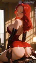 1boy 1girls ai_generated artist_name ass ass_grab backless_dress backless_outfit bare_shoulders black_gloves blush breasts buttjob cowgirl_position cum cum_on_ass cum_on_clothes dark-skinned_male dark_skin disney dress ejaculation elbow_gloves erection from_behind gloves green_eyes huge_ass indoors interracial large_breasts latex_glovesjessica_rabbit long_hair looking_at_viewer looking_back meitabuu microdress parted_lips patreon_username penis pov red_dress red_hair red_lips reverse_cowgirl_position short_dress sideboob sitting sitting_on_person smile solo_focus straddling straight strapless strapless_dress thighs tight_clothes uncensored who_framed_roger_rabbit window