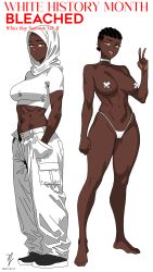alternate_version_at_source alternate_version_available artist_signature athletic_female before_and_after bleached brown_eyes cargo_pants choker cornrows croptop dark-skinned_female dark_skin fade_(haircut) female first-party_edit ghilan'nain_(game) hijab hijabi m0r14rt7 mother_of_beasts_(game) nigerian oc open_mouth peace_sign qoh queen_of_hearts raceplay taped_nipples thong tongue_out unbuttoned_pants unusual_pupils white_outfit yellow_pupils zainab_al-hashimi