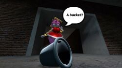 100acrew 2025 amy_rose anthro ass bucket_helmet chum_bucket chum_bucket_bucket_helmet confused_look dialogue female female female_only hammer hedgehog hedgehog_girl inside_building looking_down mobian mobian_(species) on_the_floor piko_piko_hammer pink_body pink_hair red_dress sega sfm sonic_(series) sonic_the_hedgehog_(series) source_filmmaker speech_bubble standing talking
