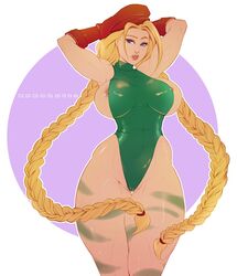 1girls areolae big_breasts blonde_hair blue_eyes braid breasts bursting_breasts cameltoe cammy_white capcom female female_only hair kokobuttz large_breasts leotard long_hair nipple_bulge solo street_fighter thick_thighs video_games