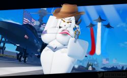 1girls 3d 4th_of_july american_flag_bikini areola_slip areolae ass big_ass big_breasts bikini bitting_lip breasts breasts_bigger_than_head chubby_belly chubby_female collar cowboy_hat fanart female female_focus female_only goat goat_horns gun large_ass large_breasts looking_at_viewer not_furry open_mouth original_character roblox robloxian seesee short_shorts sweat thick_thighs twitter_username white_hair white_skin