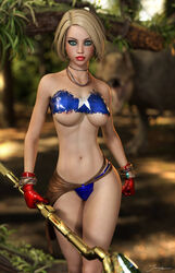 1girls 3d alternate_costume areolae belly_button blonde_hair blue_bra blue_eyes blue_thong blue_topwear bra bracelet bracelets breasts cleavage courtney_whitmore curvy dc dc_comics erect_nipples eyeshadow female female_only front_view gloves holding_staff holding_weapon human jungle justice_society_of_america light_smile lipstick lost_clothes makeup mascara medium_breasts midriff navel necklace nipple_bulge nipples partially_visible_nipples pink_nipples pinup red_gloves red_lips red_lipstick ripped_clothing savage_land short_hair signature smile smiling solo staff standing stargirl stomach thighs thong tiangtam topwear torn_clothes torn_clothing torn_topwear uncensored walking weapon