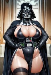 ai_generated armor black_pants breasts cape darth_vader exposed_breasts female focus focus_on_chest genderswap_(mtf) gigantic_breasts helmet pants rule_63 simple_background smell star_wars wide_hips