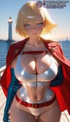 1girls ai_generated arm_behind_back backlighting belt belt_buckle blonde_hair blue_eyes blue_gloves blue_sky blush breasts buckle cape cleavage cleavage_cutout clothing_cutout collarbone cowboy_shot crotch_zipperpower_girl curvy dc dc_comics dcau elbow_gloves gloves gradient_sky groin highleg highleg_leotard holding_own_arm horizon jacket jacket_on_shoulders large_breasts latex_gloves leotard lighthouse lips looking_at_viewer meitabuu navel navel_cutout ocean one-piece_swimsuit outdoors parted_lips red_belt red_cape shiny_clothes shiny_skin short_hair skindentation sky smile solo standing stomach_cutout sunrise sunset superman_(series) swimsuit thigh_gap thighhighs thighs water watercraft white_leotard white_one-piece_swimsuit zipper