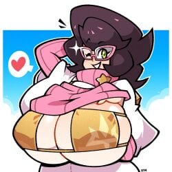 1girls big_breasts bikini_top breast_focus breasts cleavage clothing clothing_lift eyepatch_bikini eyewear female female_only game_freak glasses green_eyes hair hand_behind_head heart huge_breasts large_breasts legendofnerd mature mature_female mature_woman milf one_eye_closed pink_glasses pokemon pokemon_sm purple_hair smile solo solo_female sparkles speech_bubble spoken_heart topwear upper_body wicke_(pokemon) wink winking yellow_bikini_top