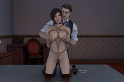 1boy 1girls 3d ada_wong ada_wong_(adriana) areolae arms_behind_back arms_tied bed breast_grab breasts brown_hair chair clothed clothed_male_nude_female female from_behind groping groping_from_behind implied_sex kneeling leon_scott_kennedy male necktie nipples nude pants pubic_hair pussy reach_around resident_evil resident_evil_2 rope shirt short_hair source_request table text thighhighs watermark