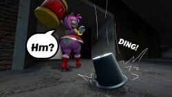 100acrew 1girls 2025 amy_rose anthro ass bucket_helmet chum_bucket chum_bucket_bucket_helmet confused_look dialogue falling female female_only hammer hedgehog hedgehog_girl inside_building looking_back looking_down mobian mobian_(species) on_the_floor piko_piko_hammer pink_body pink_hair red_dress sega sfm sonic_(series) sonic_the_hedgehog_(series) source_filmmaker speech_bubble standing