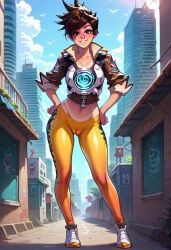 ai_generated leggings looking_at_viewer needmymommy overwatch standing tracer