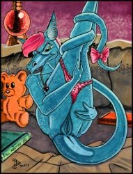 1993 accessory anthro anus ass biped blue_body book bottomwear bow_(feature) bow_accessory bow_ribbon clothed clothing dragon dragon_tail ear_piercing female furgonomics genitals green_eyes hair jewelry legs_up looking_at_viewer lying mostly_nude mostly_nude_anthro mostly_nude_female mythological_creature mythological_scalie mythology necklace on_back panties panties_down partially_clothed paul_defenbaugh piercing plushie presenting presenting_hindquarters purple_hair pussy ribbons scalie solo tail tail_accessory tail_bow tail_ribbon teddy_bear underwear underwear_down valesz_(defenbaugh) vulva