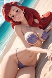 ai_generated ariel_(the_little_mermaid) beach bikini blue_eyes blush breasts cleavage day disney disney_princess earrings female hair_ornament hi_res high_quality high_resolution jewelry large_breasts long_hair looking_at_viewer lying navel necklace ocean on_side outdoors parted_lips patreon purple_bikini red_hair sand seductive sexy shell shell_bikini smile solo spicytoonai strapless swimsuit the_little_mermaid_(1989_film) thighs uncensored water watermark