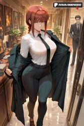 1boy 1girls 2025 ai_assisted ai_generated anime artist_name black_coat black_necktie black_pants braid braided_ponytail breasts chainsaw_man coat collared_shirt formal hi_res high_quality high_resolution highres jacket large_breasts long_hair long_sleeves looking_at_viewer makima_(chainsaw_man) necktie open_clothes pants patreon patreon_logo patreon_username red_hair shirt shirt_tucked_in shoes stable_diffusion suit watermark white_shirt yellow_eyes