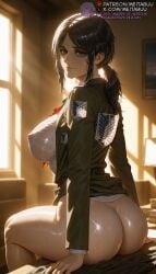 1girls ai_generated arm_support ascot ass attack_on_titan black_eyes black_hair blurry blurry_background book bottomless breasts classroom closed_mouth covered_nipples desk emblem female from_behind green_jacket grey_eyes indoors jacket lamp large_breasts light_rays lips long_hair long_sleeves looking_at_viewer looking_back low_ponytail meitabuu nipples no_bra no_pants nose on_desk open_clothes open_jacket paradis_military_uniform patreon_username pieck_finger ponytail red_ascot see-through see-through_shirt shiny_skin shirt sidelocks sitting sitting_on_desk smile solo sunlight survey_corps_(emblem)shingeki_no_kyojin sweat thighs wet wet_clothes wet_shirt white_shirt window