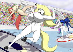 alicorn anna_(sailoranna) anthro anthrofied anus big_breasts blonde_hair blue_eyes blue_fur blue_hair breasts closed_eyes crossover equid equine female friendship_is_magic fur group hair hi_res horn horse keijo!!!!!!!! mammal multicolored_hair my_little_pony navel nipples nude princess_celestia_(mlp) princess_luna_(mlp) pussy rainbow_hair red_hair sailoranna sara_(sailoranna) unicorn_horn white_fur wings