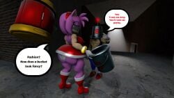 100acrew 1boy 1girls 2025 amy_rose anthro ass blue_body blue_skin brainwashing bucket_helmet bucket_on_head chum_bucket chum_bucket_bucket_helmet dialogue drone female grabbing grabbing_object hammer head_stuck hedgehog hedgehog_boy hedgehog_girl inside_building looking_away looking_down male mind_control mobian mobian_(species) piko_piko_hammer pink_body pink_hair red_dress sega sfm sonic_(series) sonic_the_hedgehog sonic_the_hedgehog_(series) source_filmmaker speech_bubble standing worried