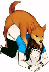 1dog 1girl 1girls all_fours ambiguous_penetration artist_request ass ass_up bent_over bestiality blue_eyes blue_shirt brown_hair canid canine canis class_of_'09 clothed_sex disgusted doggy doggy_style doggystyle domestic_dog drooling dubious_consent female feral human jeans_down male nicole_(class_of_'09) panties_down schoolgirl submissive_female tongue tongue_out zoophilia