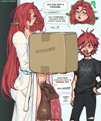 1boy 1futa balls drowsy english_text futanari hanging_balls hanging_penis horse_ears horsecock horsecock_futa huge_cock hung_futa intersex lily_(streachybear) little_brother male package penis_to_the_knees poney red_hair robe robe_only streachybear