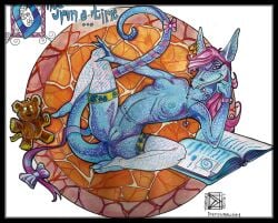 accessory anthro anus biped blue_body book bow_(feature) bow_accessory bow_ribbon bow_tie breasts clothing dragon dragon_tail ear_piercing ear_ring english_text feet female genitals hair jewelry leggings legwear long_tail looking_at_viewer lying mostly_nude mostly_nude_anthro mostly_nude_female mythological_creature mythological_scalie mythology necklace nipples non-mammal_breasts on_back paul_defenbaugh piercing plushie purple_eyes purple_hair pussy reclining ribbons ring_piercing scales scalie small_breasts smile solo spread_legs spreading tail teddy_bear text traditional_media_(artwork) valesz_(defenbaugh) vulva