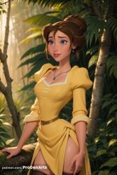 1girls ai_generated artist_name belt black_thighhighs blue_eyes breasts brown_hair cowboy_shot day disney dress earrings forest hair_bun hi_res jane_porter jewelry juliet_sleeves lips long_sleeves medium_breasts nature necklace nose outdoors parted_lips patreon_username plant progenarts puffy_sleeves short_hair side_slit single_hair_bun smile solo standing tarzan_(1999_film) thick_eyebrows thighhighs tree walt_disney watermark web_address yellow_dress