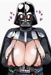 ai_generated armor black_pants breasts cape darth_vader exposed_breasts female focus focus_on_chest genderswap_(mtf) gigantic_breasts helmet lingerie pants rule_63 simple_background smell star_wars wide_hips