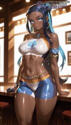 1girls abs ai_generated aqua_hair armlet bar_(place) bar_stool bare_shoulders belly_chain bike_shorts bikini black_hair blue_eyes blue_eyeshadow blue_hair blurry blurry_background blush breasts closed_mouth crop_top dark-skinned_female dark_skin earclip earrings eyeliner eyeshadow female forehead gloves hair_bun hoop_earrings indoors jewelry large_breasts long_hair looking_at_viewer makeup medium_breasts meitabuu midriff multicolored_hair navel necklace nessa_(pokemon) partially_fingerless_gloves patreon_username pokemon pokemon_bw pokemon_bw2 pokemon_dppt pokemon_frlg pokemon_hgss pokemon_oras pokemon_ss pokemon_sv shiny_skin shorts sidelocks single_glove single_hair_bun smile solo sports_bra sportswear stomach stool swimsuit tankini thighs toned two-tone_hair
