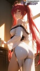 1girls ahoge ai_generated ass azur_lane back bare_shoulders black_ribbon blush bra_strap breasts female from_behind grin hair_between_eyes hair_ribbon honolulu_(azur_lane) indoors japanese_clothes kimono large_breasts long_hair long_sleeves looking_at_viewer looking_back meitabuu obi off_shoulder parted_lips red_eyes red_hair ribbon sash see-through see-through_silhouetteitsuka_kotori side_slit smile solo standing sunlight tagme thighs twintails very_long_hair white_dress white_kimono wide_sleeves window