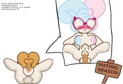 1boy blue_ears bunny_ears bunny_girl bunny_tail caramelpearl_(artist) cookie_run cookie_run_kakao cookie_run_kingdom female glasses male marshmallow_bunny_cookie mating_press multicolored_ears penis penis_in_pussy pink_ears pussy tagme what white_fur