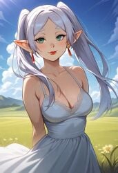 ai_generated clothed elf elf_ears elf_female frieren frieren_beyond_journey's_end grass looking_at_viewer needmymommy skirt wholesome wind