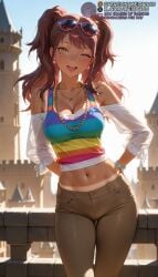1girls ;d ai_generated arms_behind_back ass_visible_through_thighs atlus backlighting bare_shoulders bead_bracelet bead_necklace beads bikini_tan blue_sky blurry blurry_background blush bracelet breasts brown_eyes brown_hair brown_pants building castle cleavage collarbone crop_top day denim earrings eyewear_on_head feet_out_of_frame female jeans jewelry kujikawa_rise long_hair long_sleeves looking_at_viewer medium_breasts meitabuu midriff multicolored_clothes multicolored_shirt navel necklace off-shoulder_shirt off_shoulder one_eye_closed open_mouth outdoors pants pearl_necklace persona persona_4 railing rainbow_clothing see-through shirt sky smile solo solo_female standing stomach sunglasses tan tank_top tanlines teeth thigh_gap tight_clothing tinted_eyewear twintails two_side_up upper_teeth_only yellow_eyes