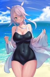 1girls bare_chest bare_hands bare_legs bare_shoulders bare_skin bare_thighs beach belly belly_button bikini black_bikini black_one-piece_swimsuit black_swimsuit black_swimwear blue_sky breasts cleavage closed_mouth_smile clouds coast collarbone curvaceous curvaceous_body curvaceous_female curvaceous_figure curvaceous_hips curvaceous_thighs curvy curvy_body curvy_female curvy_figure curvy_hips curvy_thighs day daylight daytime exposed_chest exposed_legs exposed_shoulders exposed_skin exposed_thighs eyebrows_visible_through_hair female female_focus female_only fingers green_eyes green_eyes_female groin hair_between_eyes hair_over_one_eye high_resolution highres horizon hourglass_figure kantai_collection lanthan large_breasts lean_figure long_hair looking_at_viewer midriff narrow_waist navel ocean one-piece_swimsuit outdoor outdoors outside parted_bangs sand sea seaside shoulders sky slender_body slender_waist slim_waist smile smiley_face smiling smiling_at_viewer smirk solo standing swimsuit swimwear thick_thighs thighs umikaze_(kantai_collection) upper_body white_eyebrows white_hair white_hair_female wide_hips