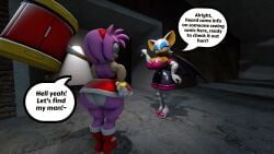 100acrew 2025 2girls amy_rose anthro ass bat bat_girl chestplate dialogue female female_only hammer hedgehog hedgehog_girl inside_building mobian mobian_(species) piko_piko_hammer pink_body pink_hair red_dress rouge_the_bat sega sfm sonic_(series) sonic_the_hedgehog_(series) source_filmmaker speech_bubble standing talking_to_another white_hair