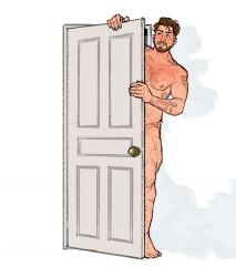 1boy absurdres bara barefoot beard blush brown_hair chest_hair completely_nude date_everything door dorian_(date_everything) english_commentary facial_hair highres leg_hair looking_to_the_side male_focus muscular muscular_male nipples nude pectorals rustic_(rusticfurnace)